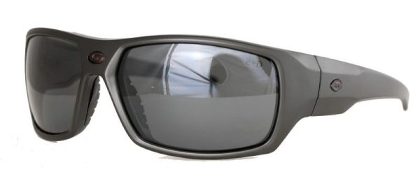 Shades with a thick grey frame and smoky polarized lenses