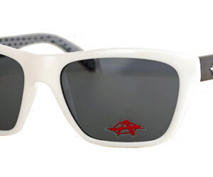 Sunglasses with white frames, black temples, and spotted inner temples