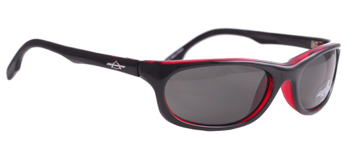 Red and black tapped sunglasses with smoked shades