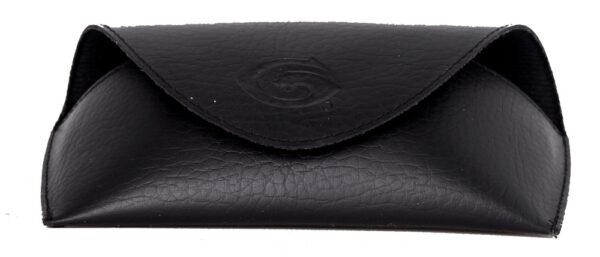 A leather eyewear case with a letter G carved in the middle