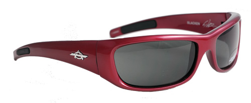 Crimson-framed shades with grey lenses