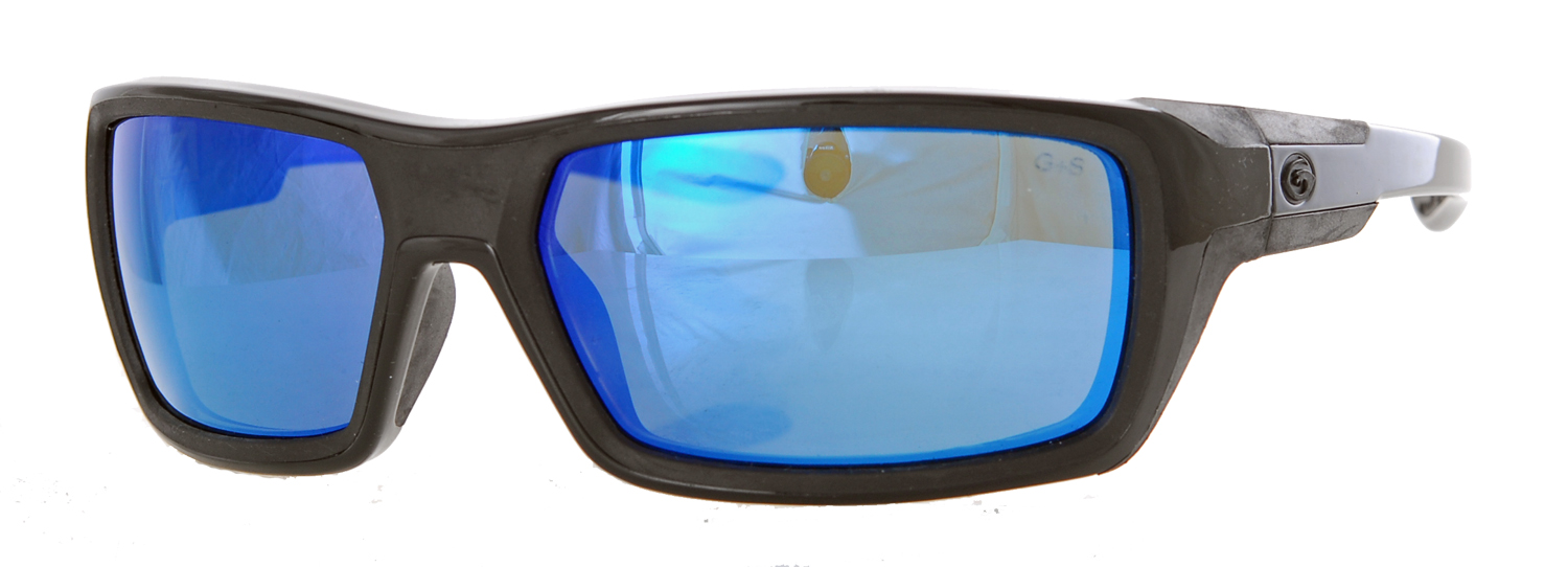 Black framed smoke blue polarized mirror lenses