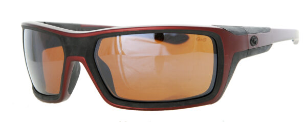 Sunglasses with a dark red frame and orange-brown lens