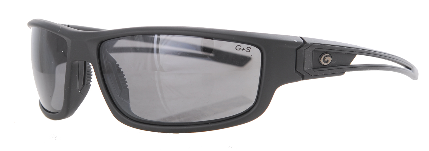A pair of smoke polarized lenses with matte black frames