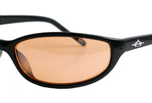 Black-framed sunglasses with red-brown lens