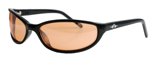Black-framed sunglasses with red-brown lens