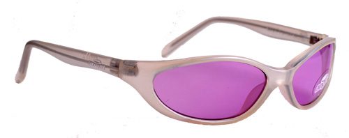 Purple-lensed sunglasses with beige frame