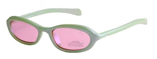 Green frame sunglasses with pink lenses