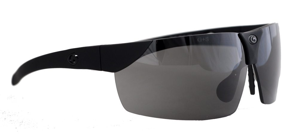 Black wraparound sunglasses with dark lenses