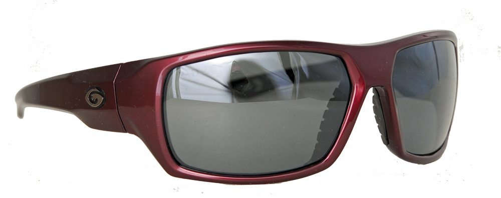 Stylish red eyewear with dark lenses
