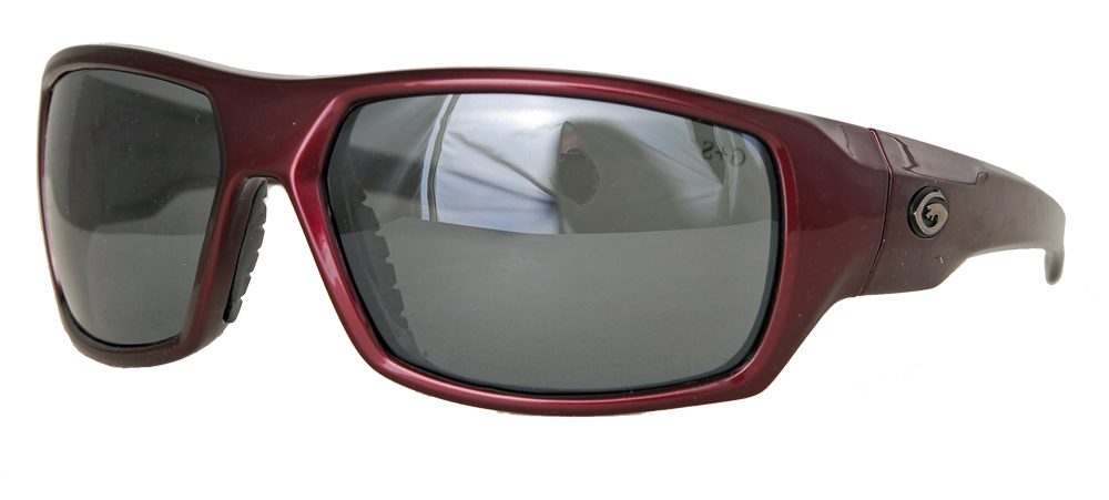 Sleek red sunglasses with dark lenses